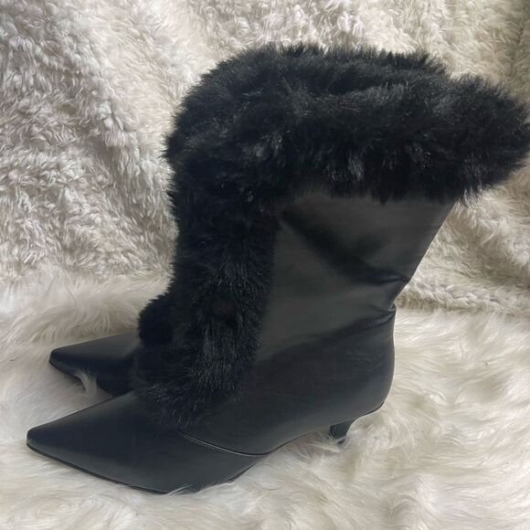 Ashro synthetic black mid calf boots  faux fur trim front zipper 3”heels SZ11W - Picture 1 of 16